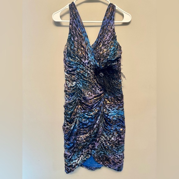 Y2K Cache Animal Print Feather Embellishment Blue & Black Cocktail Dress Size 2 - Picture 2 of 7